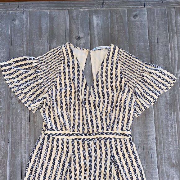 Collective Concepts Romper Womens Medium Beige Blue V-Neck Short Sleeve Pleated - Picture 4 of 8